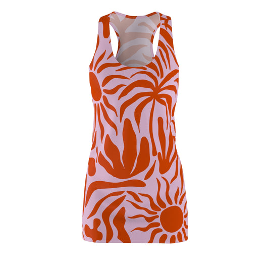 Forms in Heat | Tropical Lightweight Racerback Tank Dress – Vibrant Coral on Soft Lilac | Made to Move